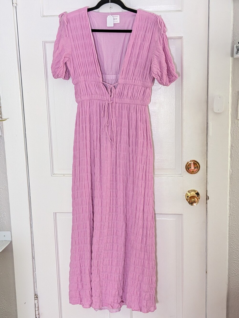 SABO Pink Cotton Gauze Maxi Dress Open Back Tie Front Puff Sleeve Size S - Picture 2 of 6